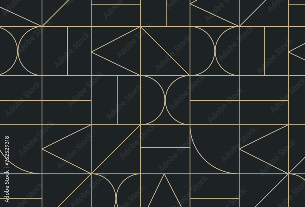 Art deco seamless geometrical vintage pattern drawing on black background.