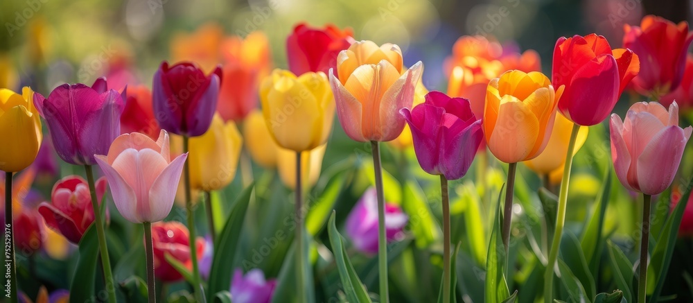 Vibrant and colorful tulips blooming beautifully in a serene garden setting