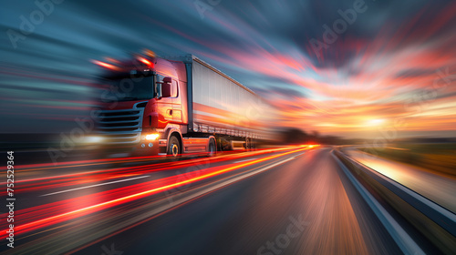 A truck speeding down the highway. Motion blurred.