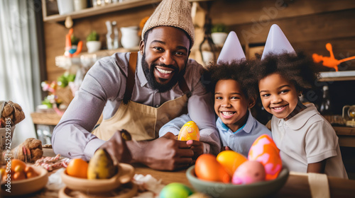 A cheerful dad is working with his children on decorating Easter eggs in his creative studio.