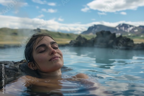 A young woman immersed in relaxation  enjoying a spa experience in the soothing hot springs of Iceland  her eyes closed in bliss as she leans back in the warm thermal water