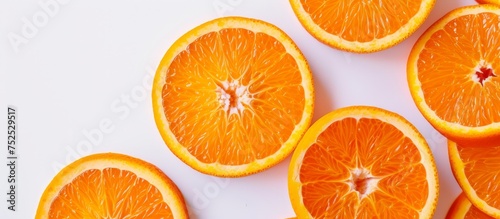 Fresh ripe oranges sliced in half on wooden table background