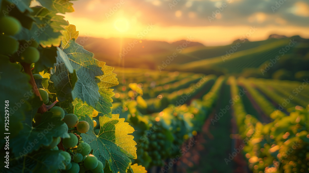 Vineyard at sunset with ripe grapes