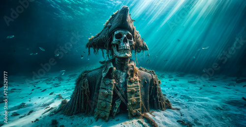 The spooky skeleton of a swashbuckling pirate captain dressed in ornate jacket and tricorn hat resting at the bottom of the ocean. 

