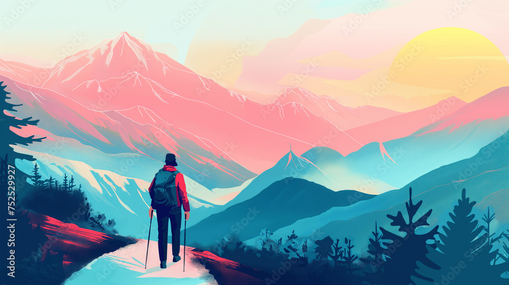 An illustration in landscape orientation, which shows a man with a backpacker walking along a path in the mountains