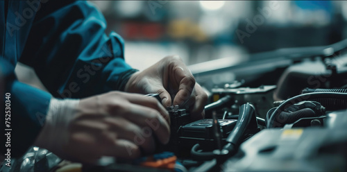 A technician repairs a car engine.