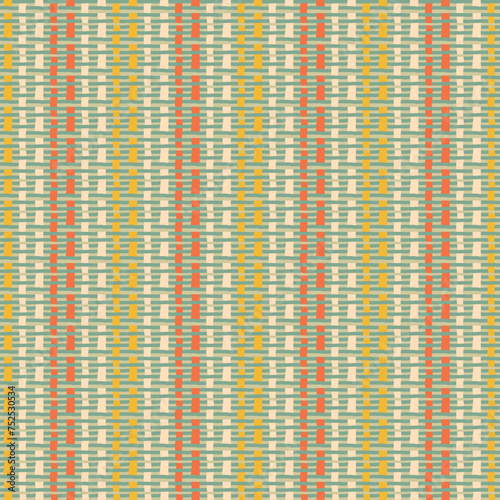 Seamless pattern of thick woven texture in retro style multicolor, crisscrossing irregular lines like ethnic textiles, dobby weave. Great for clothing, wallpaper, backgrounds, stationery 
