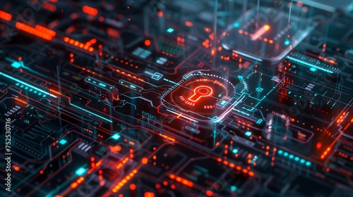 A futuristic illustration depicting cybersecurity and privacy concepts, featuring a lock icon symbolizing data protection