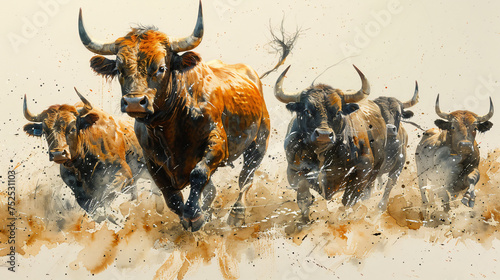 Watercolor drawing of a group of bulls running