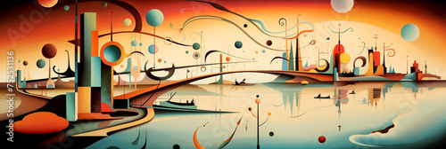 Vintage horizontal illustration in abstract surrealism style.