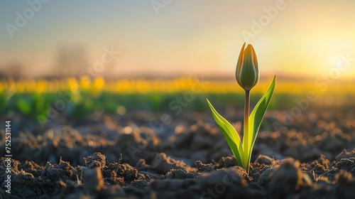 Young Tulip Sprout in Sunlit Field photo