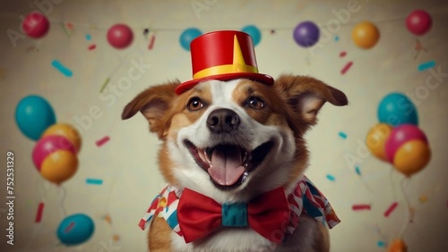  April Fools Day, funny dog in a clown hat, circus performer, trained animal, big smile and laughter created with generative ai. photo