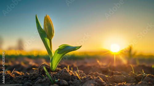 Young Tulip Sprout in Sunlit Field