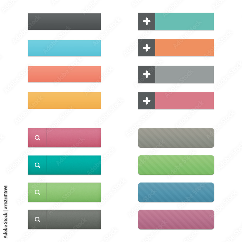Four sets of blank buttons in different styles and colours Four sets of blank buttons in different styles and colours