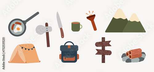camping and wilderness survival equipment. Elements, tent, campfire, knife, backpack, mountain. Vector illustration  