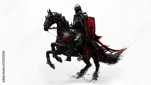 Knight on galloping horse, in black medieval armor with red details, holding shield, white background. Generative AI