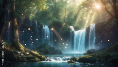 Waterfalls in a serene forest, fantasy landscape illustration