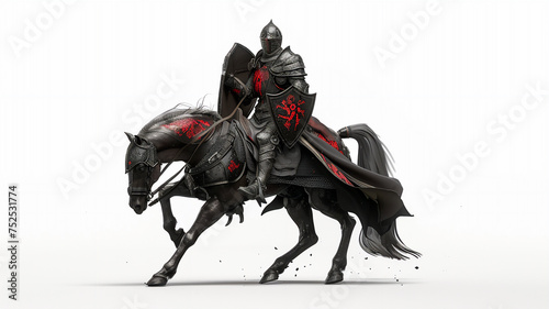 Knight on galloping horse, in black medieval armor with red details, holding shield, white background. Generative AI
