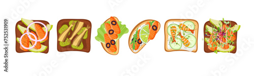Healthy Sandwiches with sea food. Top view Vector for menu, cafe, restaurant, poster, banner, sticker. Delicious Healthy breakfast or snack. collection of toasts with fish snack lunch snacks