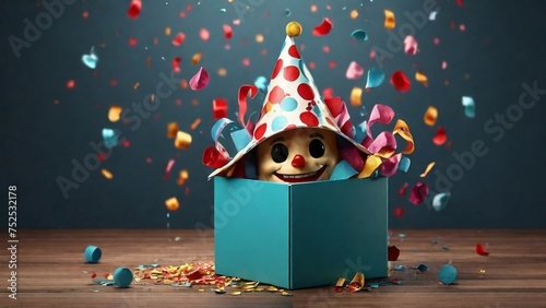Jack in the Box with confetti, jester hat. April fool day concept with box surprise. Banner 3D illustration created with generative ai.
