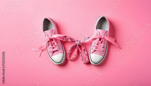 Shoes tied together on pink background, flat lay with space for text. April Fool's Day created with generative i. photo