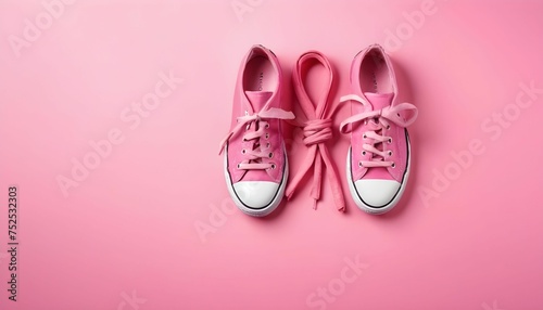Shoes tied together on pink background, flat lay with space for text. April Fool's Day created with generative i. photo