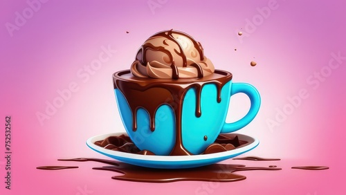 Delicious ice cream coffee dessert in cup, beautifully presented on vibrant pink background. For advertising, banner, relaxation, lifestyle, menu, dessert, culinary, cafe themed content. Copy space.