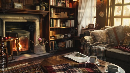 A cozy living room adorned with vintage furniture and soft, earthy tones, a crackling fireplace casting a warm glow over the space, shelves filled with well-loved books and family mementos