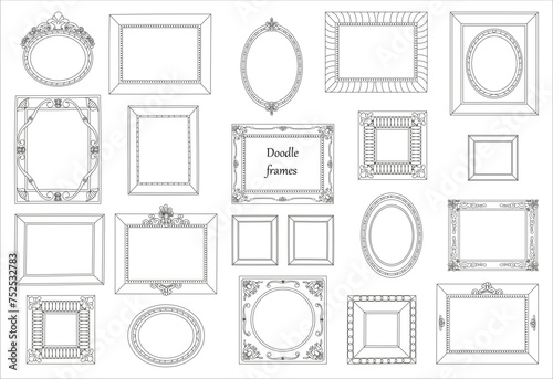 A big set of decorative frames of various shapes for your gallery of paintings, text or quotes, mirrors. Classic ornament, Beautiful shape. retro design, line style, Hand drawn vector illustration