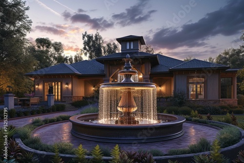 Home exterior with water fountain at night / twilight.
