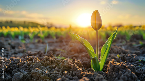 Young Tulip Sprout in Sunlit Field