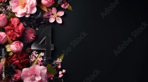 number 4 and flowers on a black background. birthday invitation card. spring and holiday.