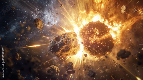 Asteroid collision in space with fiery explosion and scattered debris against a starry background. photo