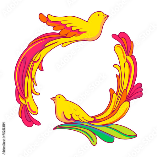 Bright tropical birds. Colored decorative fantasy birds. Hand drawn doodle vector illustration.