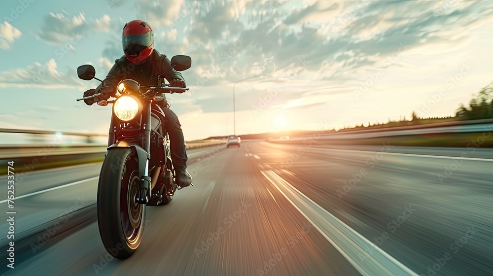 a motorcyclist speeding on a highway, leaning into a sharp corner with sporty precision, in a realistic photograph.