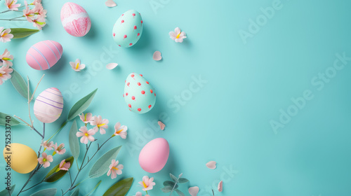 Aerial view of various intricately decorated Easter eggs surrounded by spring flowers and petals on a pastel blue background