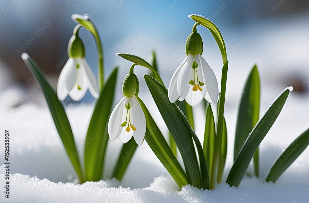 Beautiful snowdrop growing among the snow. Spring background with flowers, blurred bokeh, free place for text. Greeting card for spring holidays. Template for Birthday, Women's Day, Mother's Day.