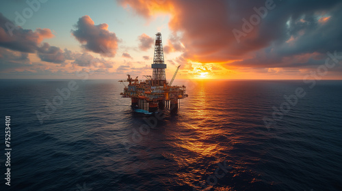 An oil rig emerges from the water, workers extract crude oil from beneath the seabed photo