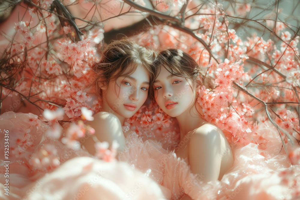 Attractive beauty couple woman in dress posing in blooming sakura park. Close up portrait of young girlfriends with pink cherry flowers Attractive beauty couple woman in dress posing in blooming sakura park. Close up portrait of young girlfriends with pink cherry flowers