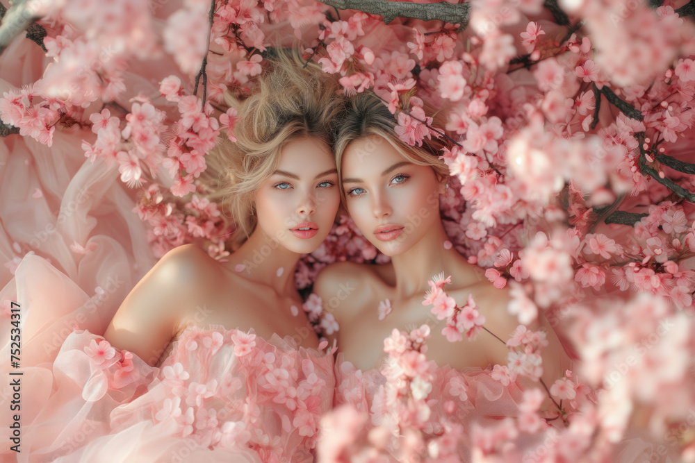 Attractive beauty couple woman in dress posing in blooming sakura park. Close up portrait of young girlfriends with pink cherry flowers Attractive beauty couple woman in dress posing in blooming sakura park. Close up portrait of young girlfriends with pink cherry flowers