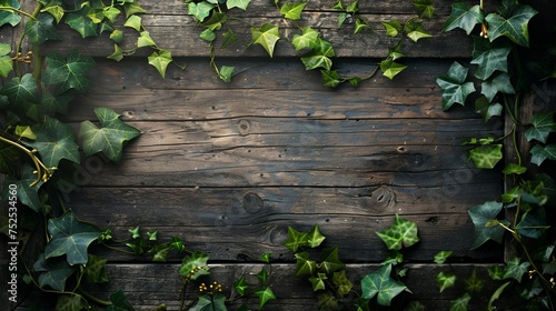 A captivating image featuring selective focus on a wooden board mounted on a wall, adorned with lush green ivy vine plants in a dark tone
