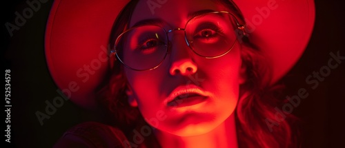 a woman wearing glasses and a hat with a red light on her face and a black background with a red light on her face