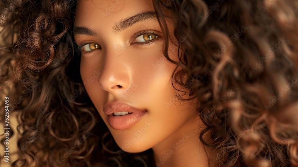 A captivating image capturing a model girl with curly hair styled into shiny, smooth waves, her sun-kissed, tan skin glowing with natural beauty and luminosity