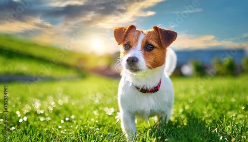 Jack Russell Terrier dog standing on green grass in sunset light.