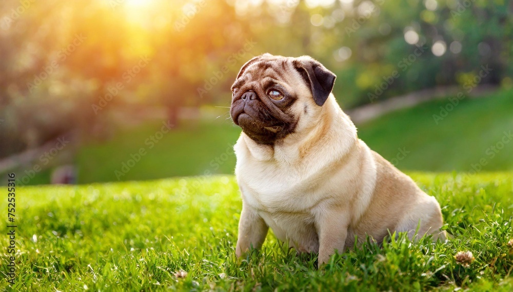 Cute pug dog sitting on the grass in the park.