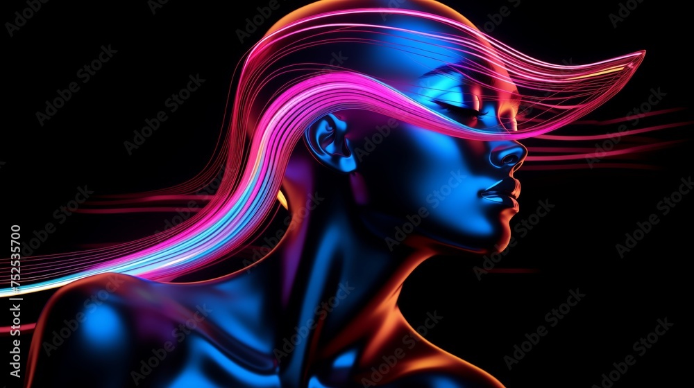 Futuristic woman in neon lights on a black background, 3D rendering illustration in sci-fi futuristic style, cyber punk woman, Vaporwave visual art style