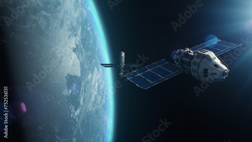 Fototapeta Naklejka Na Ścianę i Meble -  3D VFX rendering of satellite attacking another satellite with laser weapon in space on Earth planet orbit. Escalation of political conflict and arms race in cosmos. Nuclear war and armed aggression.