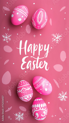 Stylish Easter decor with assorted pink eggs bearing sophisticated white patterns on a deep pink backdrop © Daniel