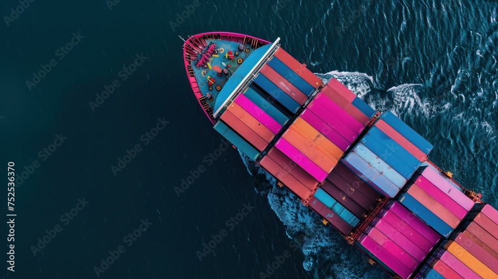Webinar banner featuring an aerial view of a cargo ship sailing in the ocean, carrying containers for export