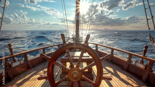 the ship's wheel of a pirate sailing vessel, gazing upon the expansive deck and vast open sea under the warm glow of a sunny day.